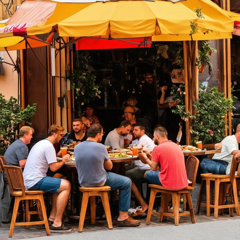 A group of friends enjoying tapas and drinks at an outdoor cafe in Spain